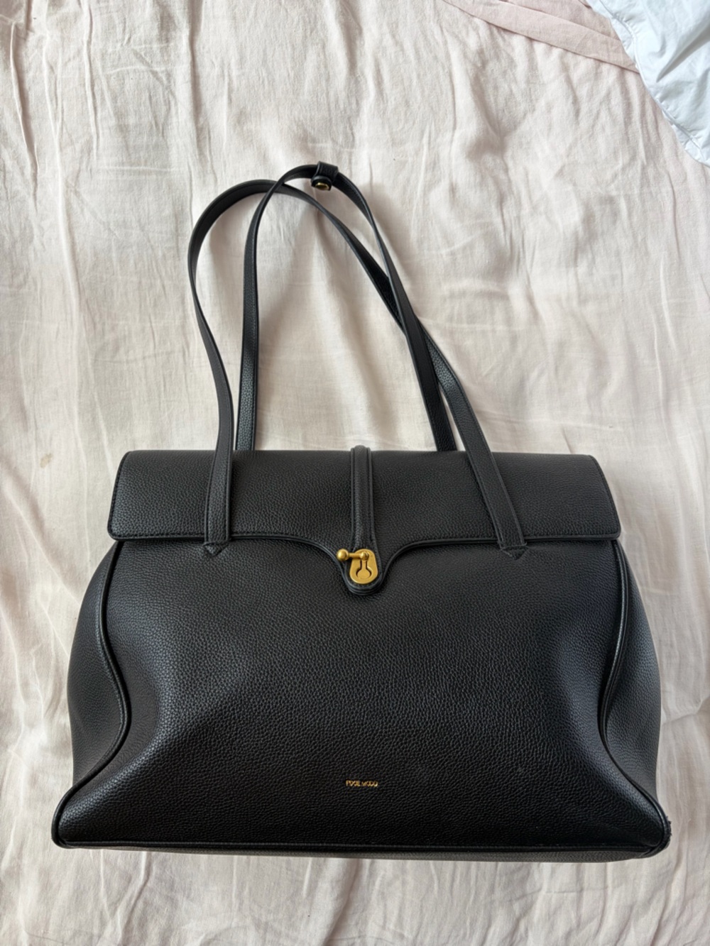 Pixie Mood Black Pebbled Vegan Leather Lock Tote with Gold Hardware